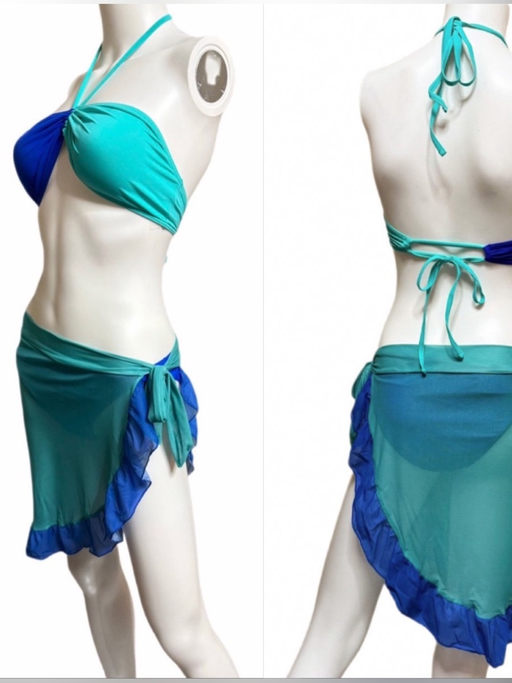 Blue Teal Colorblock Bikini 3 Piece Sarong Set Size Medium